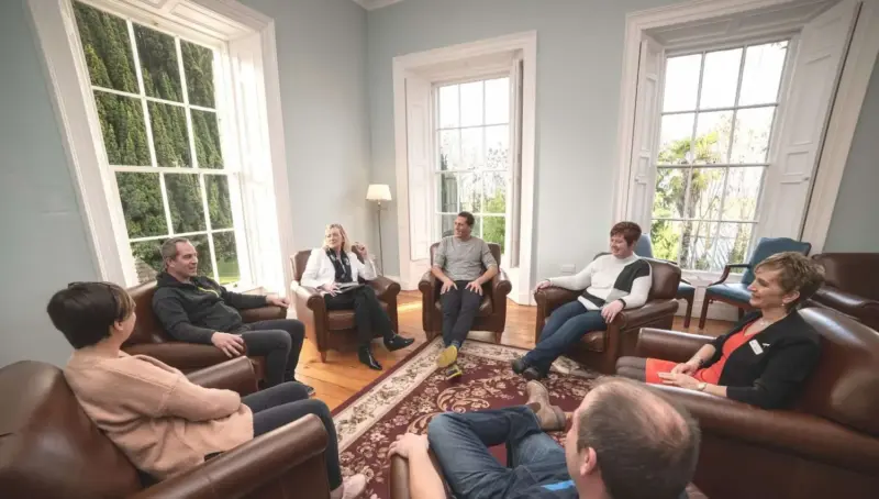 Photograph of people sitting in a circle during addiction therapy at smarmore